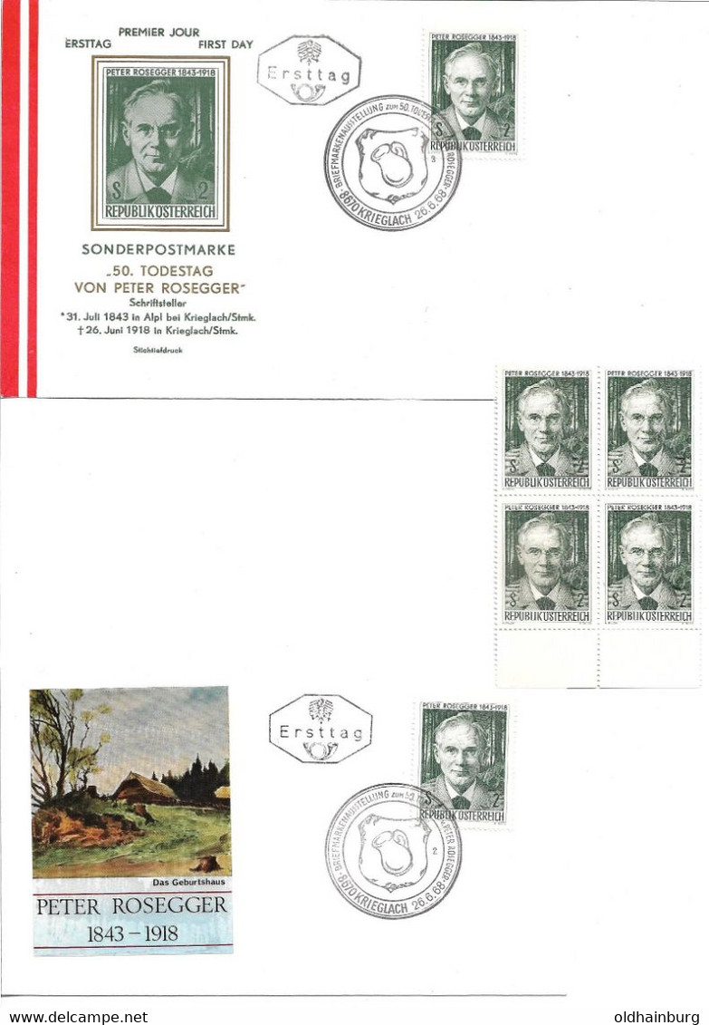 3142r: Heimatsammler 8680 Krieglach, Peter Rosegger (1843-1918), 2 FDC- Cachets & Viererblock ** - Krieglach