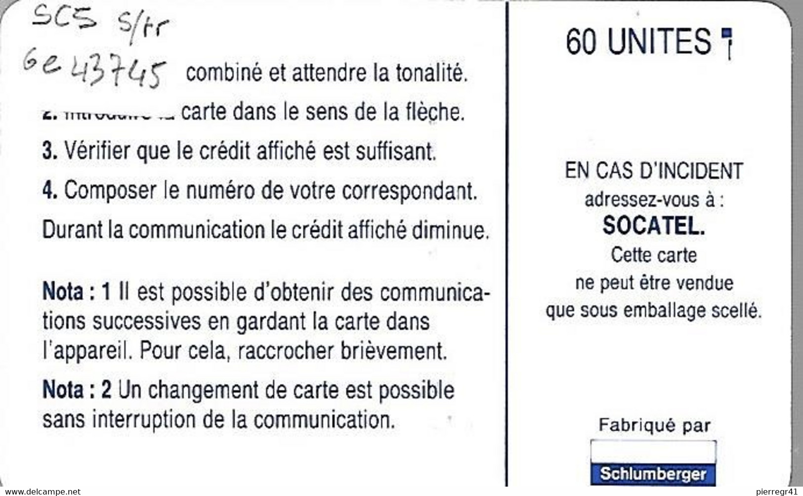 CARTE-PUCE-CENTRE AFRIQUE-60U-SC5-SOCATEL-BLEU-V°5 Ge 43745-Utilisé-TBE - Centrafricaine (République)