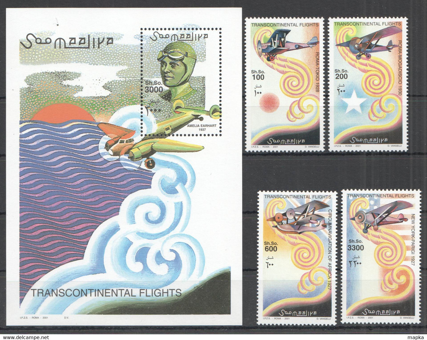 NW1441 2001 SOMALIA SOOMAALIYA TRANSCONTINENTAL FLIGHT #906-909+BL82 MICHEL 30 EURO MNH - Airplanes