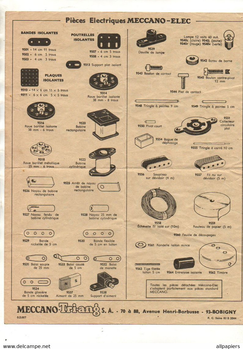 Dépliant Pièces Détachées Meccano-Tri-ang S.A Bobigny - Format : 27x21 Cm Soit 4 pages - Meccano