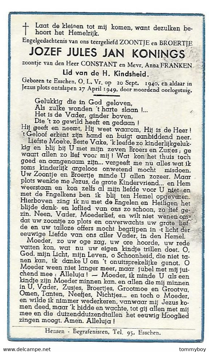 Ongeval "door Moordend Oorlogstuig", Kind/Enfant (8 Jaar), Jozef Jules Konings, Esschen 1940 - Esschen 1949 - Avvisi Di Necrologio