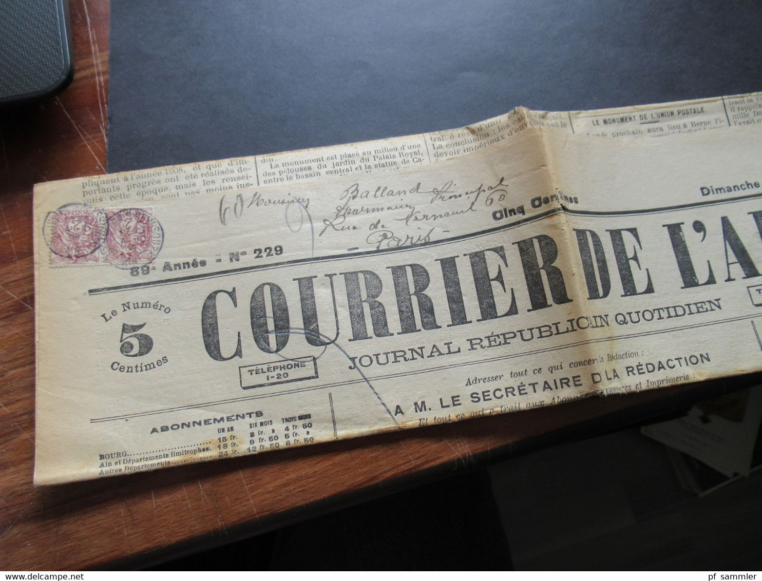Frankreich 1909 Allegorie Nr.87 Waagerechtes Paar Komplette Zeitung Courrier De L'ain Le Numero 5 Centimes Nach Paris - Lettres & Documents