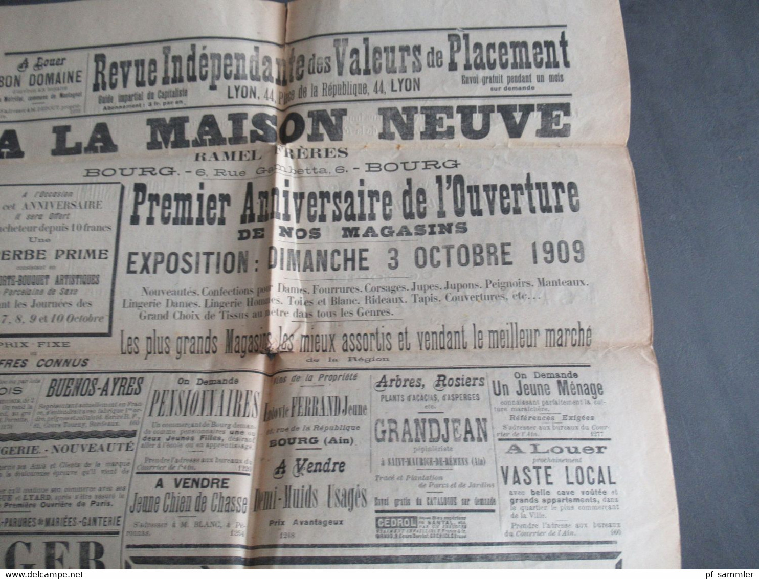 Frankreich 1909 Allegorie Nr.87 waagerechtes Paar komplette Zeitung Courrier De L'ain Le Numero 5 Centimes nach Paris