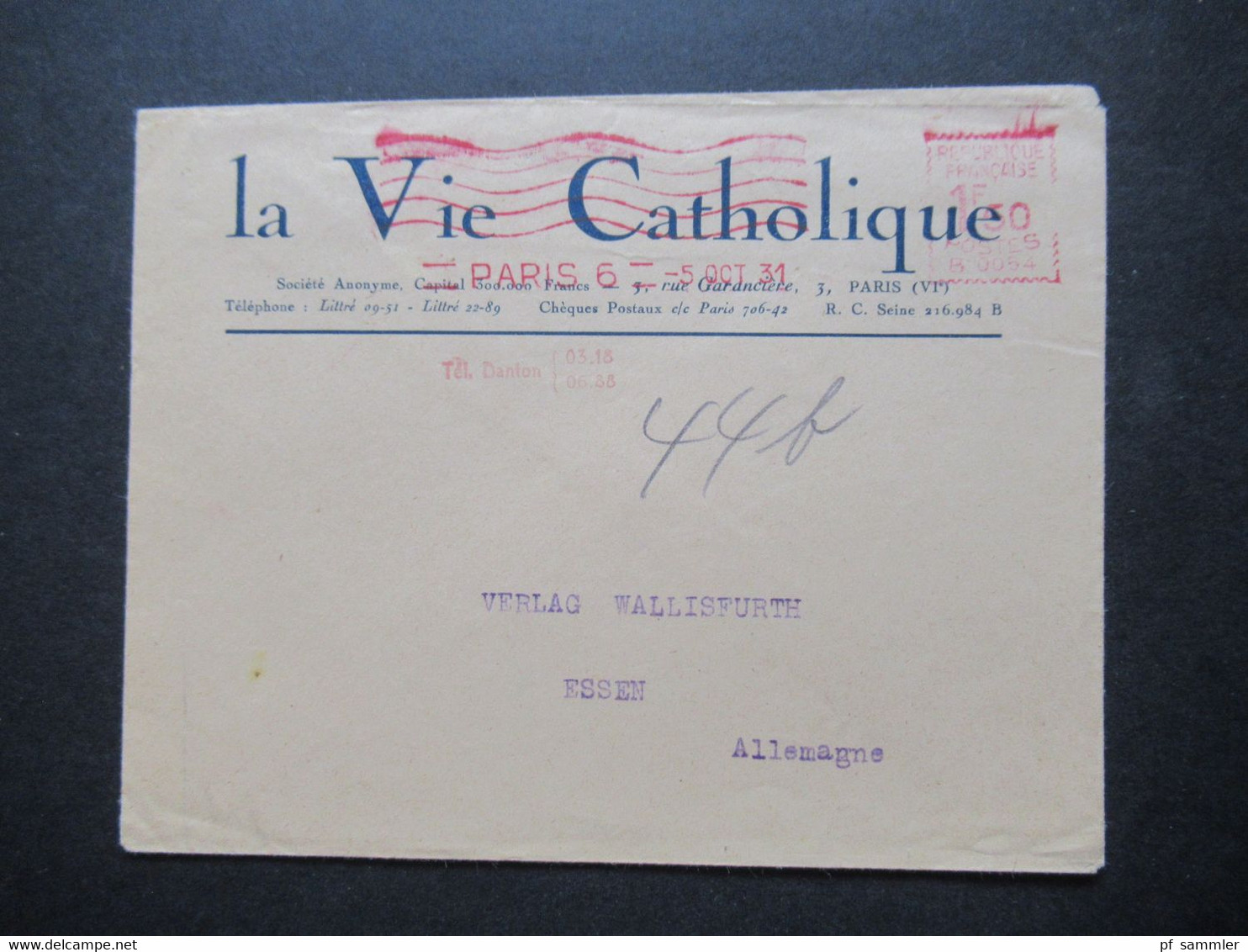 Frankreich 1931 Roter Freistempel AFS Paris Umschlag La Vie Catholique An Verlag Wallisfurth In Essen - Briefe U. Dokumente