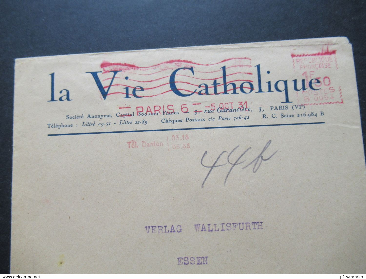 Frankreich 1931 Roter Freistempel AFS Paris Umschlag La Vie Catholique An Verlag Wallisfurth In Essen - Briefe U. Dokumente