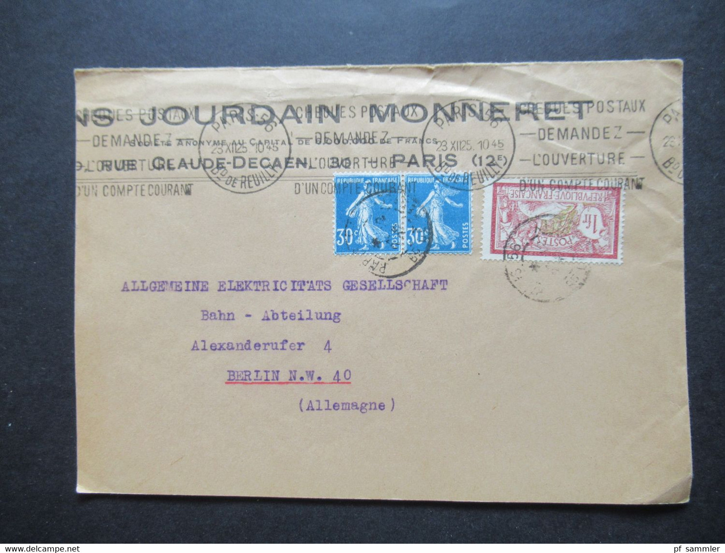 Frankreich 1925 Auslandsbrief Von Paris Jourdain Monneret Nach Berlin Elektrizitäts Gesell. Bahn Abteilung - Lettres & Documents