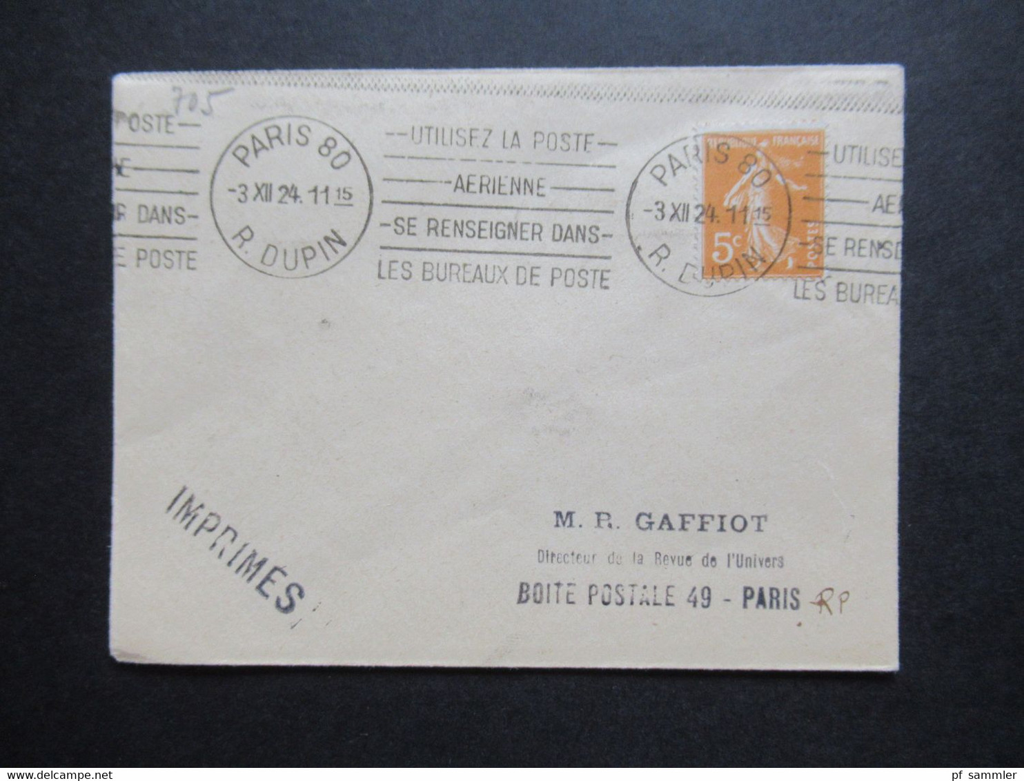 Frankreich 1924 Säerin Nr.140 EF Imprimes / Drucksache Paris Ortsbrief - Brieven En Documenten