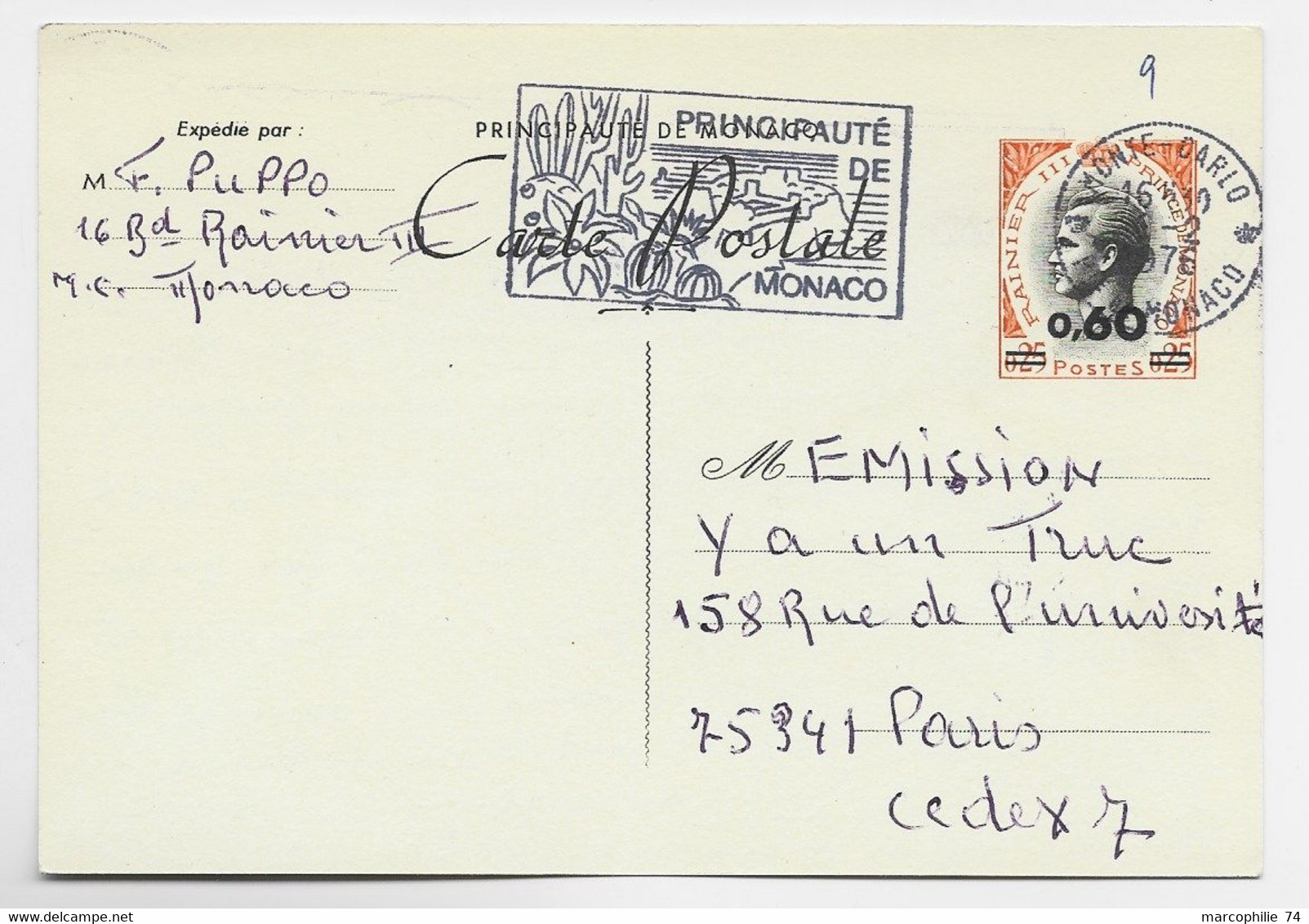 MONACO ENTIER 25C SURCHARGE 0.60 CARTE POSTALE MONTE CARLO 6.2.1976 - Enteros  Postales