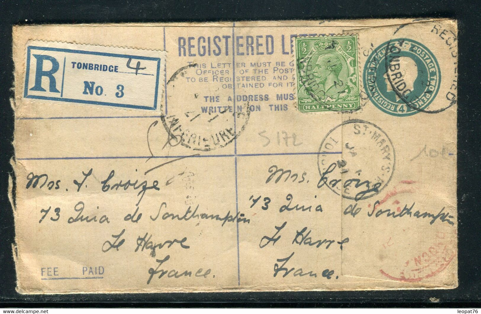 Royaume Uni - Entier Postal + Complément De Tonbridge En Recommandé Pour Le Havre En 1921 - Prix Fixe !!! - Ref S 172 - Entiers Postaux