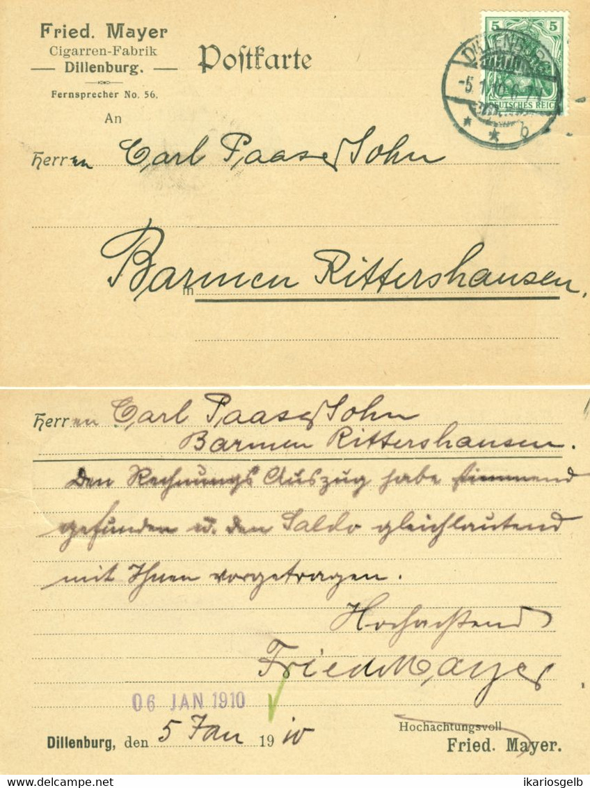 Dillenburg Lahn 1910 " Friedr.Mayer Zigarrenfabrik " Frankierter Bedarf Geschäfts- Postkarte > Rittershausen Barmen - Dillenburg