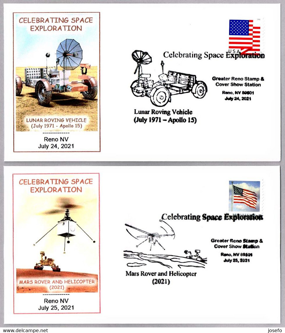 CELEBRATING SPACE EXPLORATION - Lunar Roving Vehicle And Mars Rover And Helicopter - Set 2 Covers. Reno NV 2021 - North  America