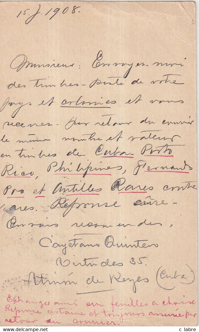 CUBA :  ENTIER POSTAL  . AVEC COMPlt D'AFFRt  . " UNION DE REYES " . POUR LA FRANCE .  1908 . - Cartas & Documentos