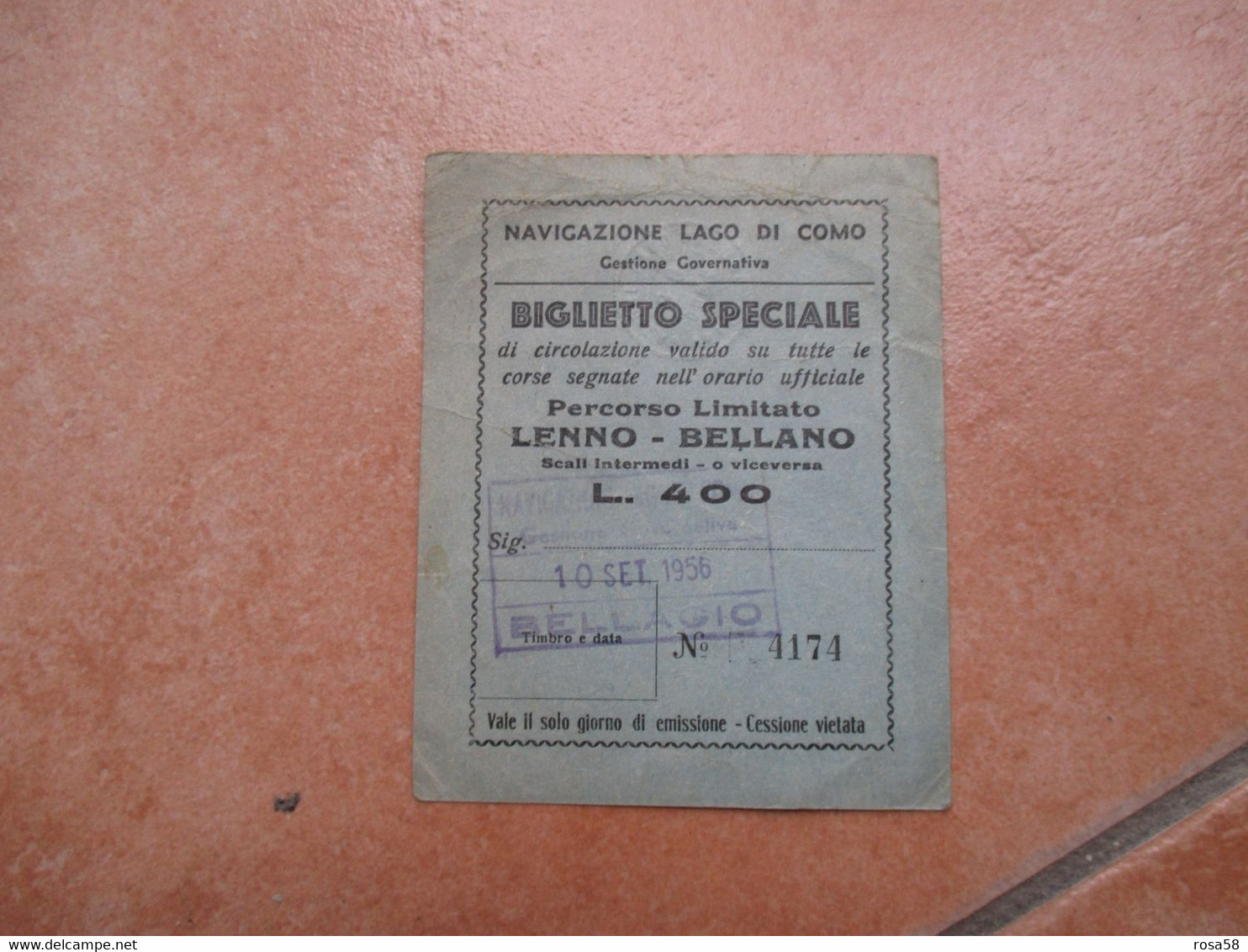 Navigazione LAGO Di COMO BIGLIETTO SPECIALE Percorso Limitato LERNNO BELLANO L.400 1956 - Europe