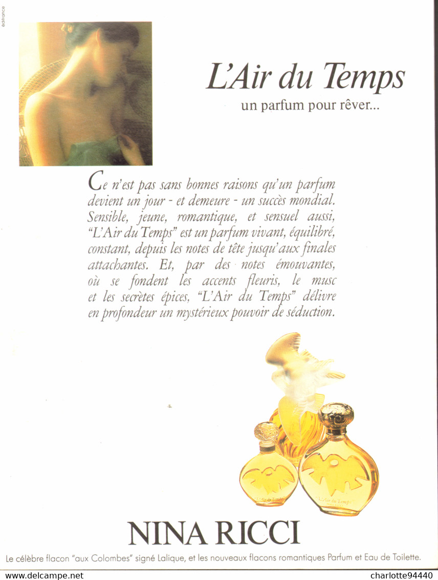 PUB PARFUM   ( L 'AIR DU TEMPS ) De " NINA RICCI " Par  " DAVID HAMILTON " 1986  ( 15 ) - Zonder Classificatie