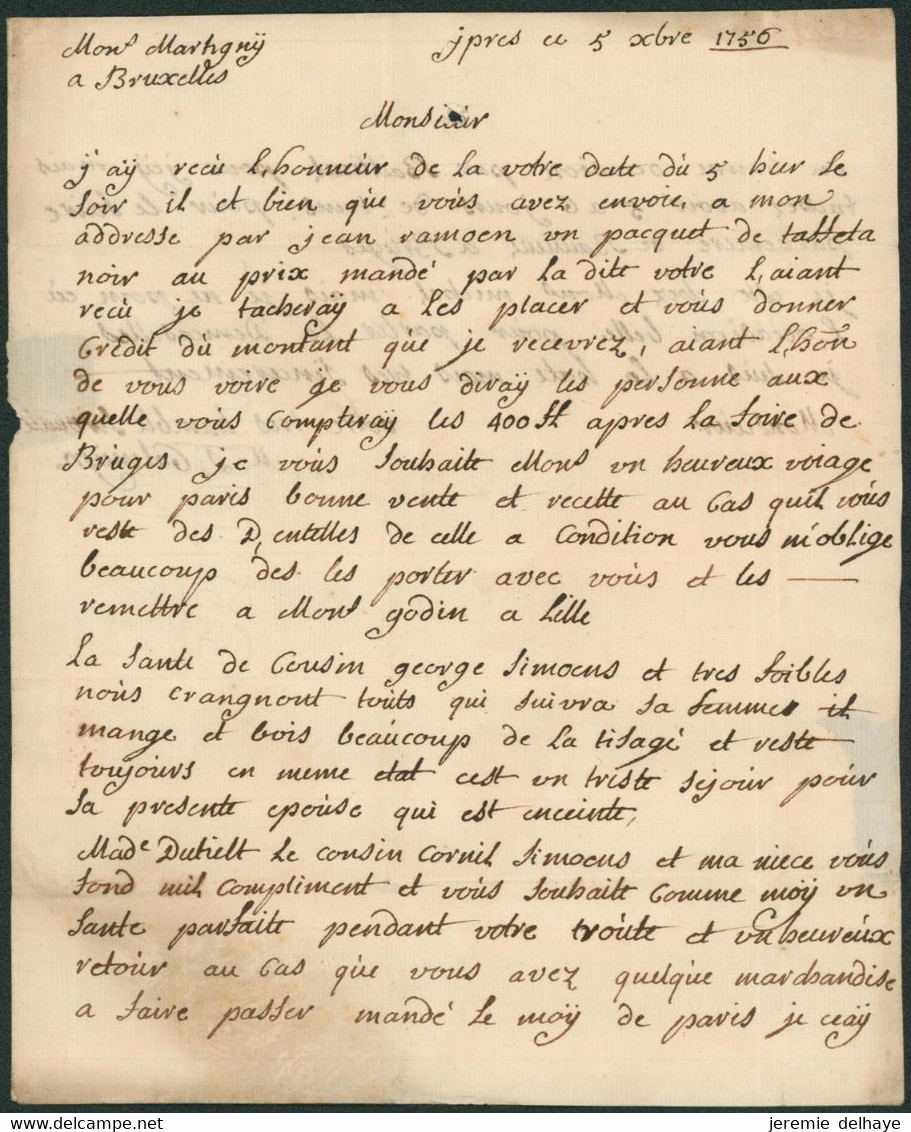 Précurseur - L. Datée De Ipres (Ypres 1756) + Obl Linéaire Rouge IPRES Et Port 4 Sous > Bruxelles - 1714-1794 (Paises Bajos Austriacos)