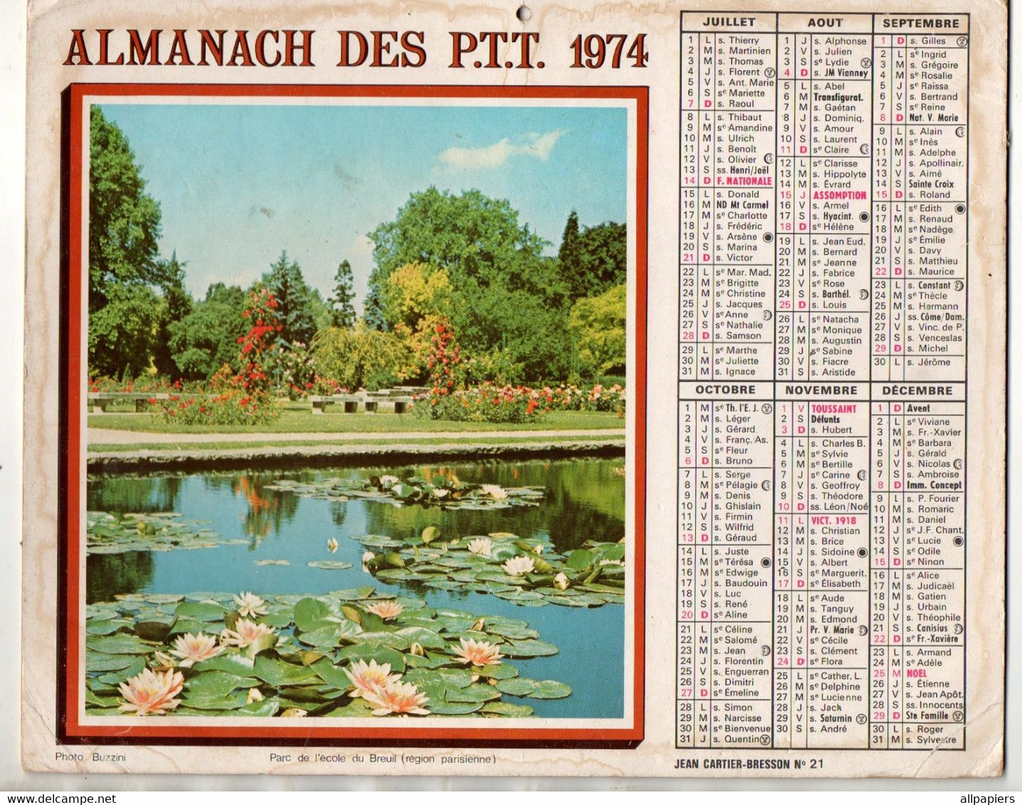 Almanach Des P.T.T. 1974 Avec Photo De Marseille Et Parc De L'école Du Breuil, Cahier Intérieur Absent - Grand Format : 1971-80