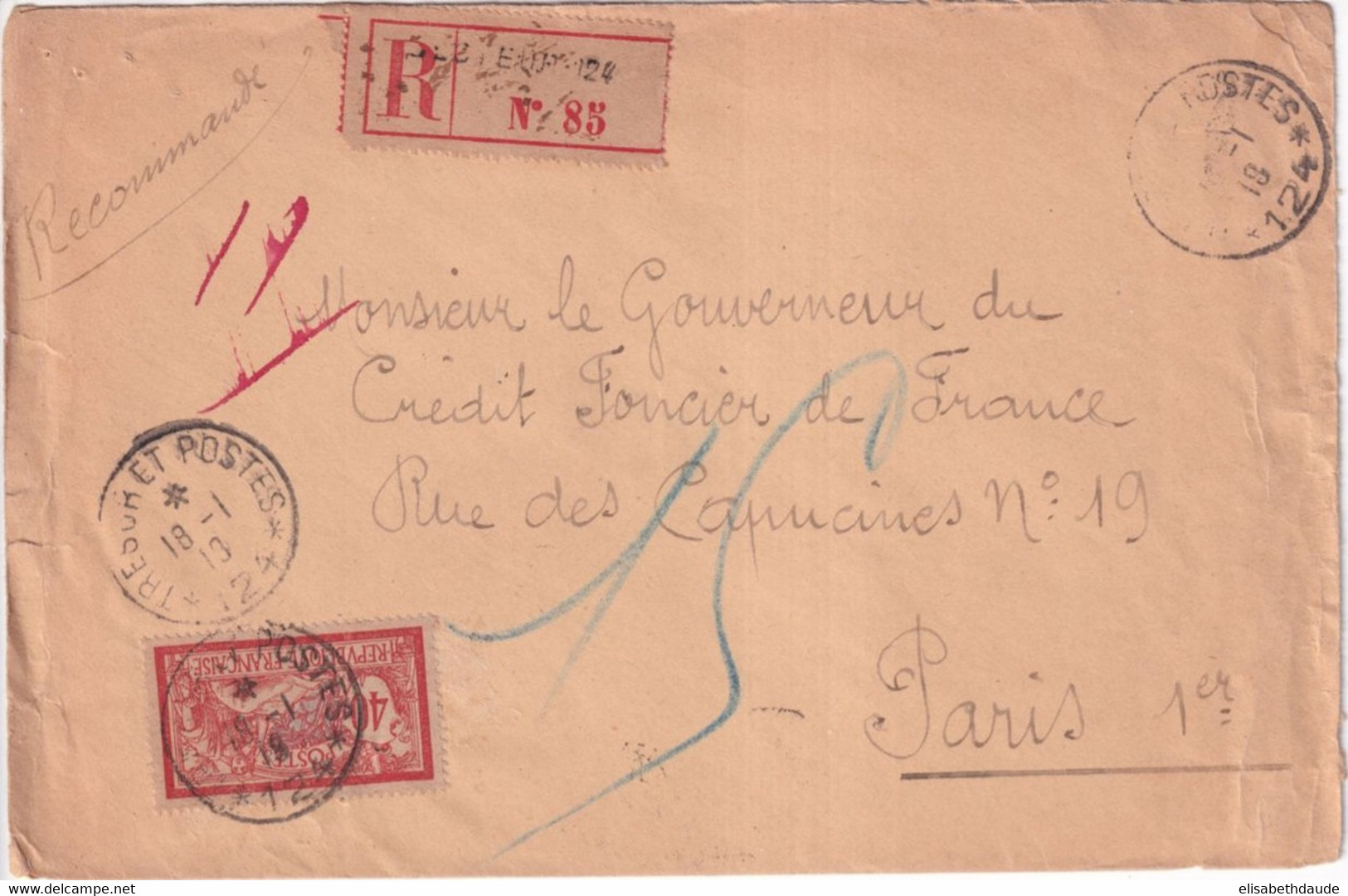 1918 - SECTEUR POSTAL 124 - MERSON PAPIER GC SEUL Sur LETTRE FM RECOMMANDEE => PARIS - 1900-27 Merson