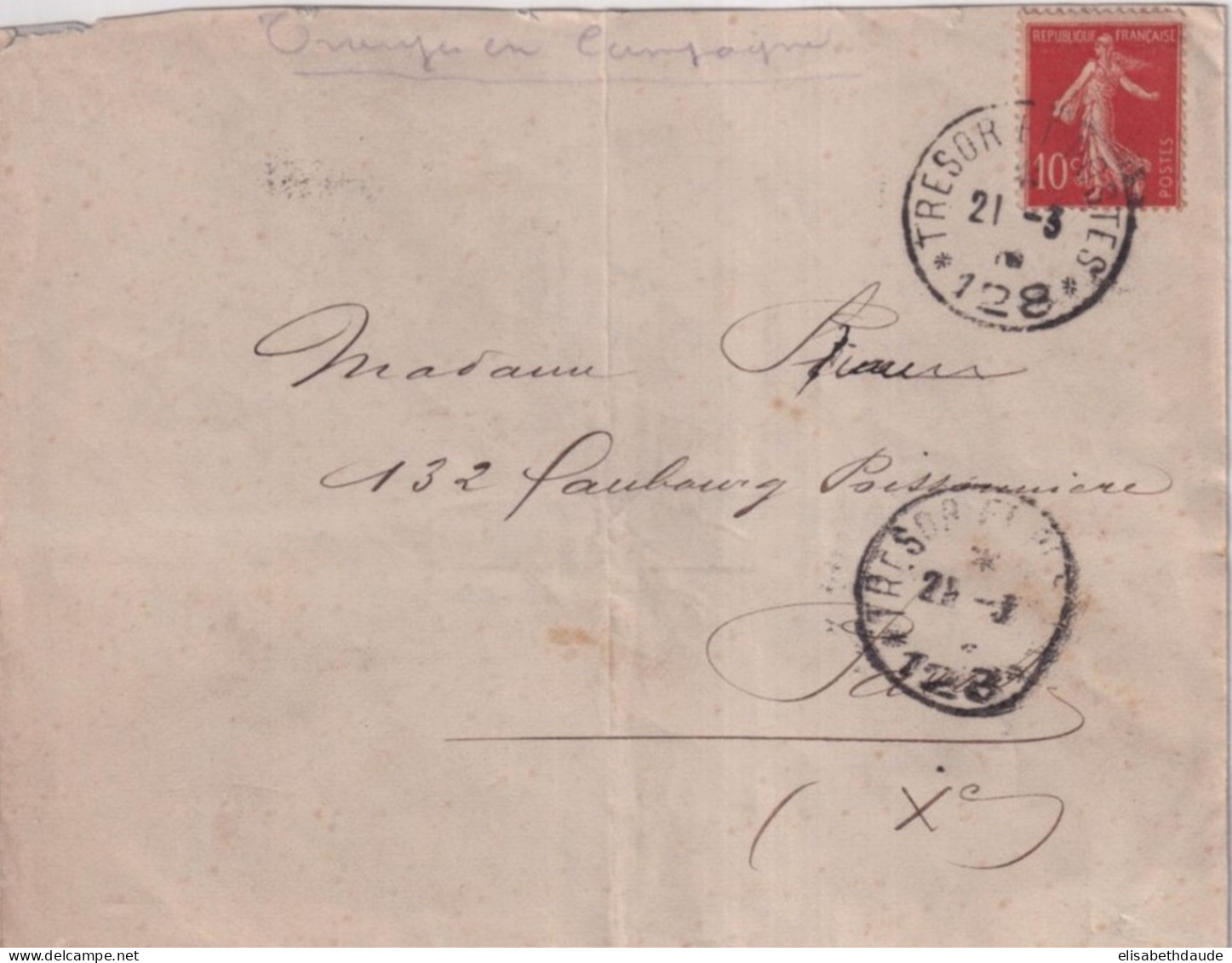 1914 - SECTEUR POSTAL 124 - SEMEUSE CHIFFRE MAIGRE ! Sur ENVELOPPE FM !! => PARIS - 1906-38 Semeuse Camée