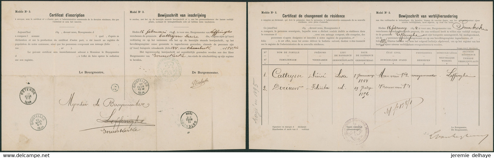 Certificat De Changement De Résidence Obl S.C. "Ghistelles" (1894) + Boite Rurale "M" (Legginghe) > Snaeskerke Via Osten - Dépliants De La Poste