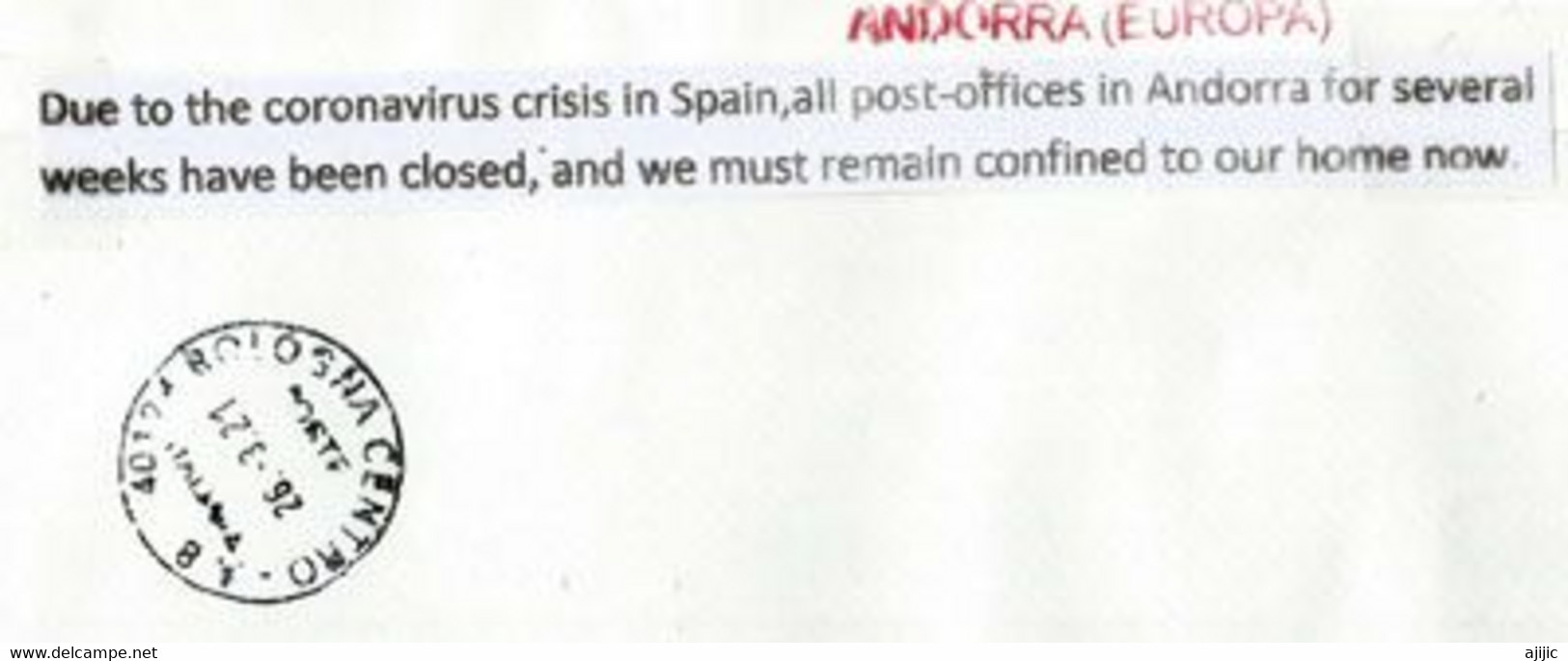 Lettre Andorre Envoyée à Bologna (Italia) Durant Le Confinement Covid19, Retour à L Expéditeur, Deux Photos Recto-verso - Briefe U. Dokumente