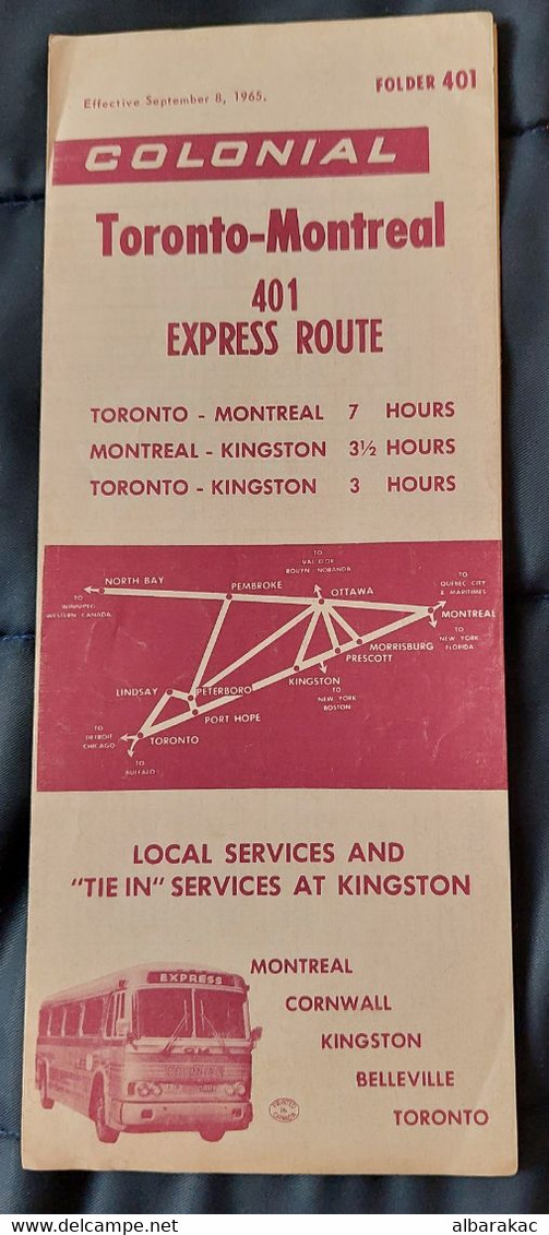 Colonial BUS Toronto - Montreal 401 Express Route Kingston , Edit Canada September 1965 - Wereld