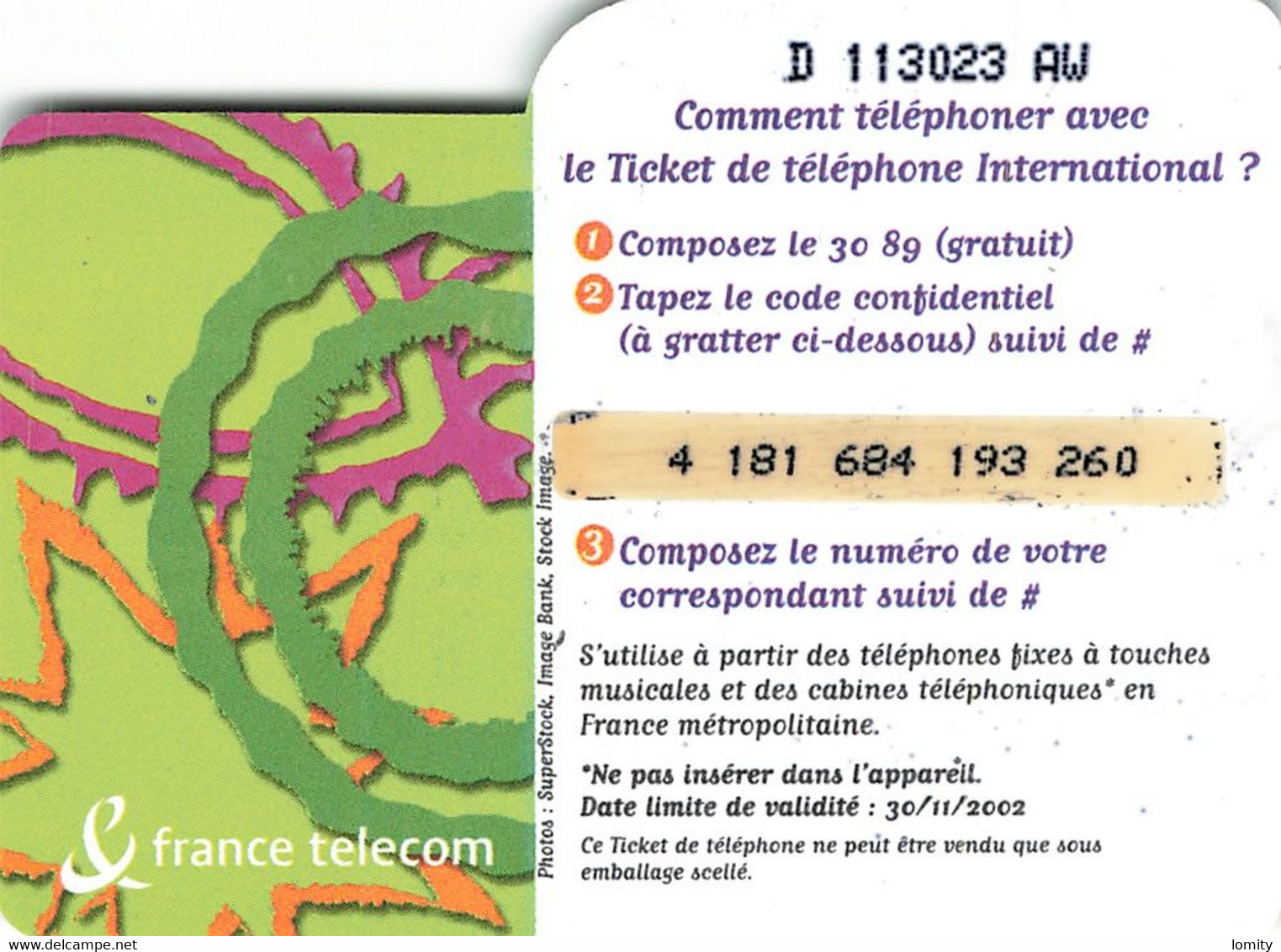 Carte Prépayée France Telecom Ticket De Téléphone International 50 Francs Carte Téléphonique 30/11/2002 - Biglietti FT