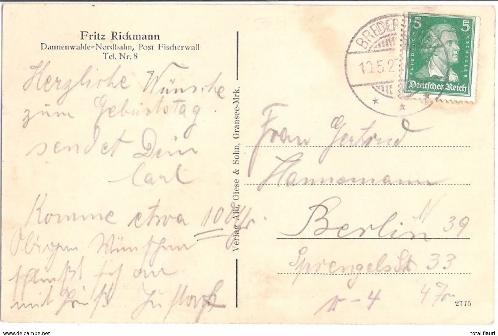 Gruß Aus DANNENWALDE Post Fischerwall Gransee Gasthof Logis Fritz Rickmann Gelaufen 12.5.1927 - Gransee