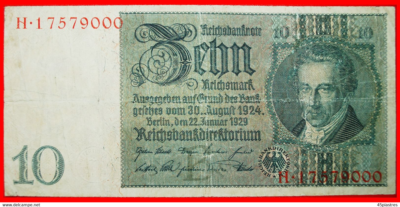 * REICHSBANKNOTE: GERMANY ★ 10 MARK 1929! N 17579000 LOW START ★ NO RESERVE! - 10 Mark