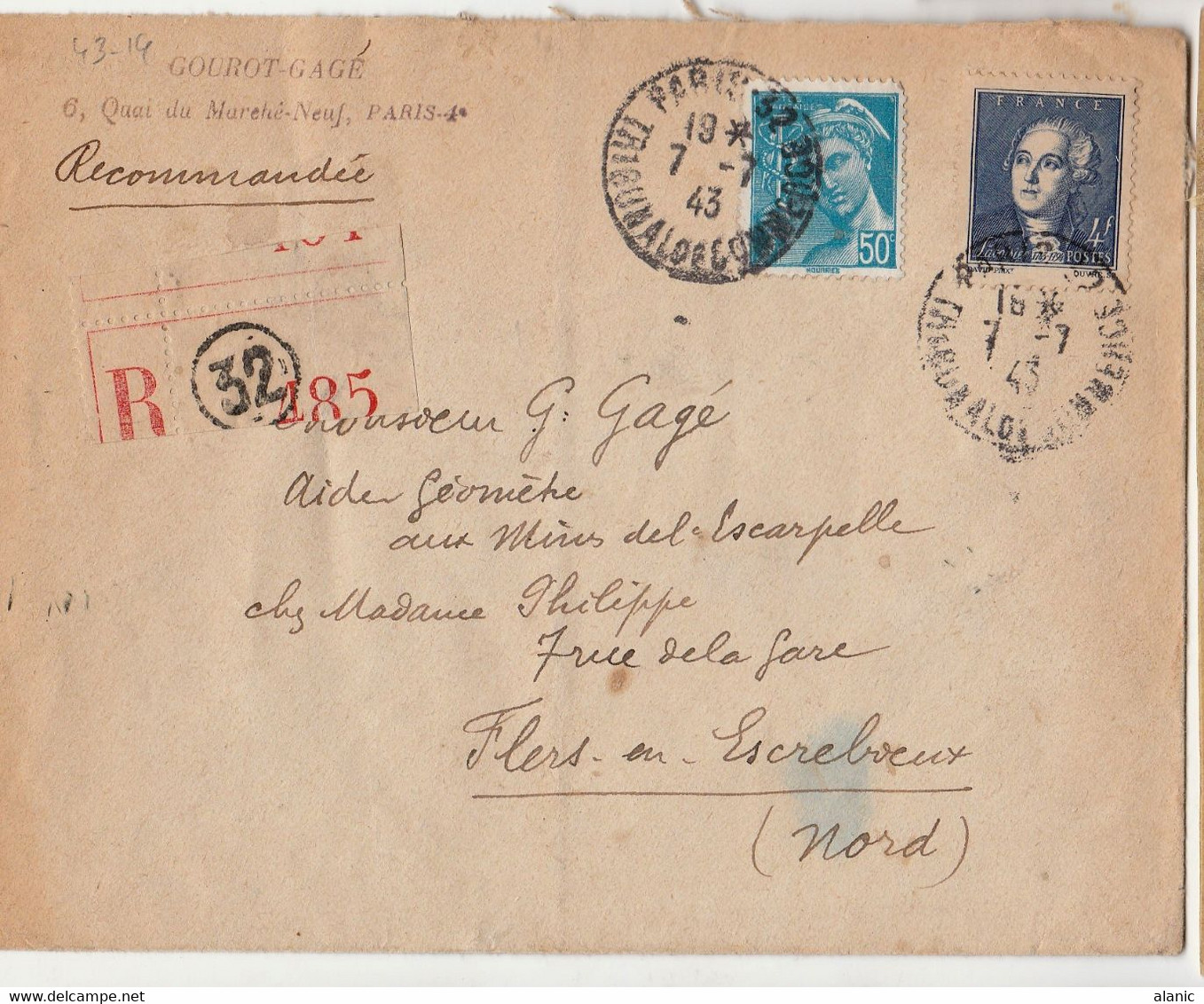 FRANCER1 LETTRE RECOMMANDEE AFFRANCHIE N° 414A + N° 581 - OBLITEREE CAD  PARIS  1943 - ....-1949