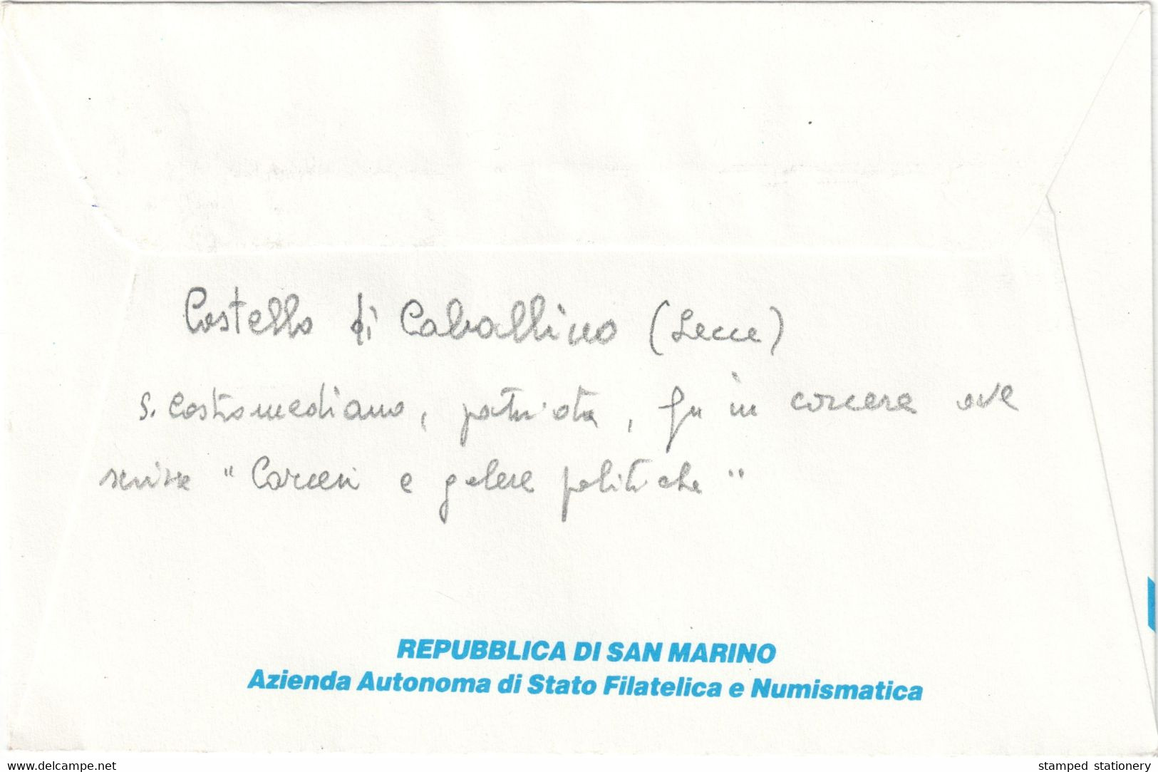 REPUBBLICA SAN MARINO BUSTA CON ANNULLO 'CENTENARIO MORTE SIGISMONDO CASTROMEDIANO - LECCE' 2.12.1995 - SASSONE 930/1349 - Lettres & Documents