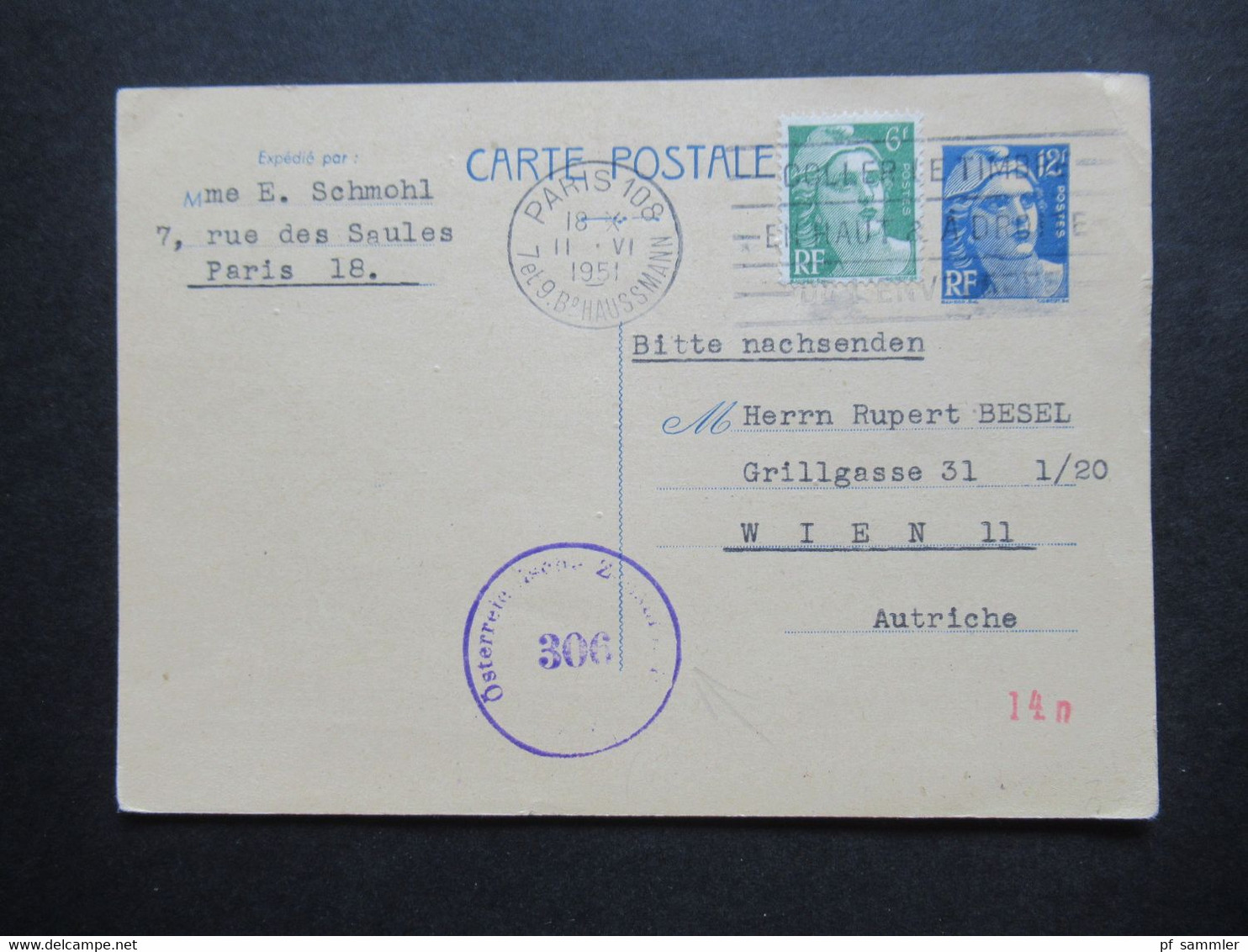 Frankreich 1951 Auslandspostkarte Nach Wien Mit Österreichischem Zensurstempel / Österreichische Zensurstelle 306 - Cartas & Documentos