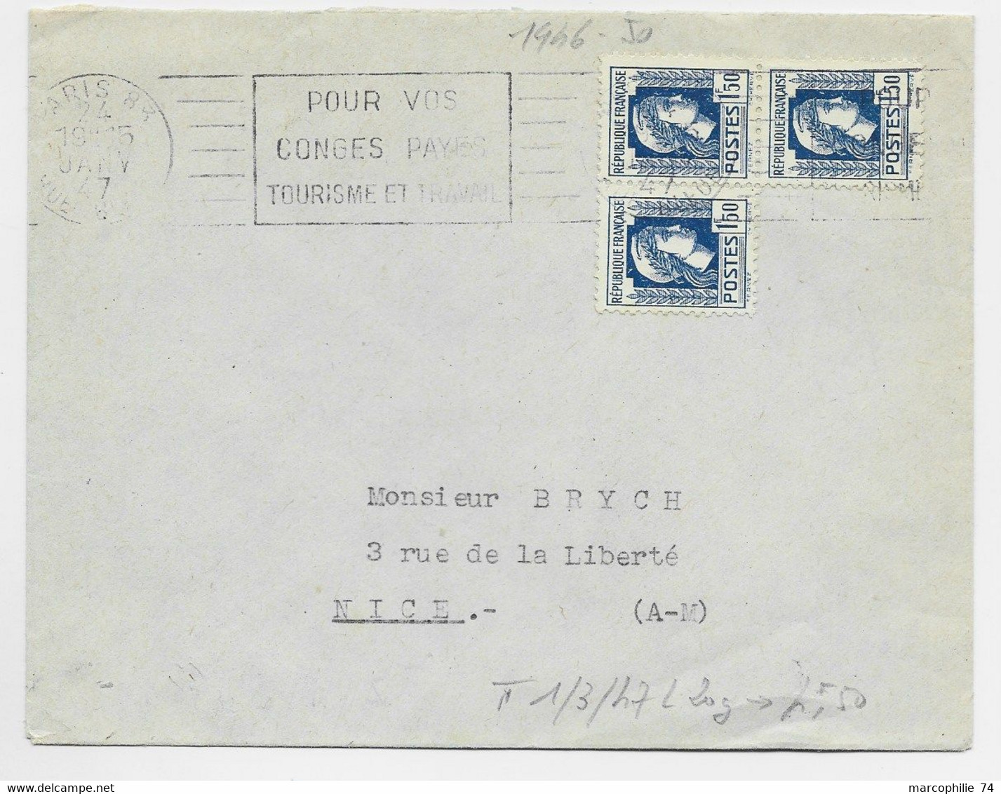 FRANCE MARIANNE ALGER N° 639 BLOC DE 3 LETTRE PARIS 83 24 JANV 1947 AU TARIF DU 2.1.1947 - 1944 Marianne Van Algerije