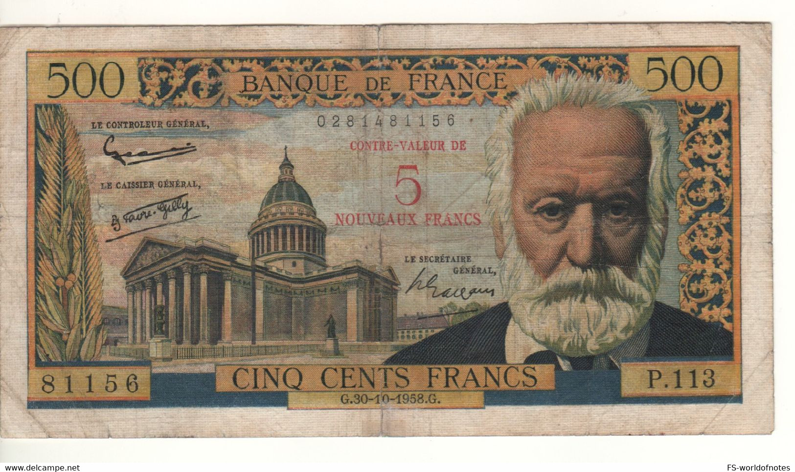 FRANCE   5 Nouveaux  Francs   P137a  Dated 30.10.1958  Victor Hugo + Pantheon In Paris - 5 NF 1959-1965 ''Victor Hugo''