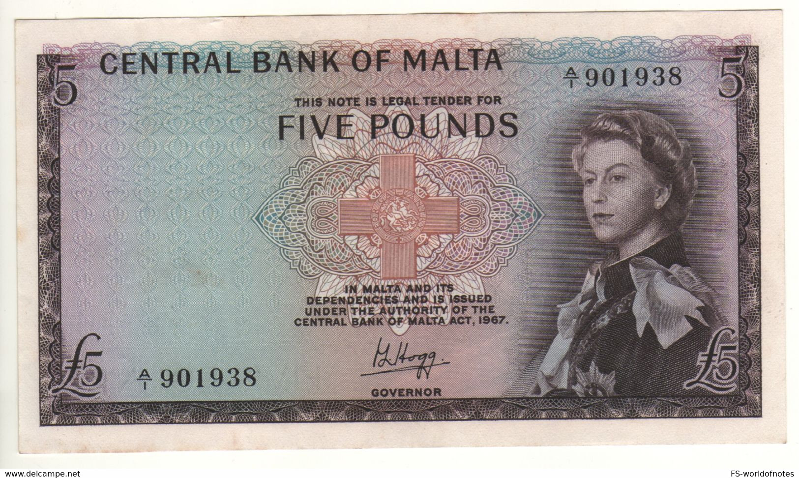 MALTA  5 Pounds  P30   ( L. 1967 - 1968 )  Queen Elizabeth II + Harbour La Valetta - Malta