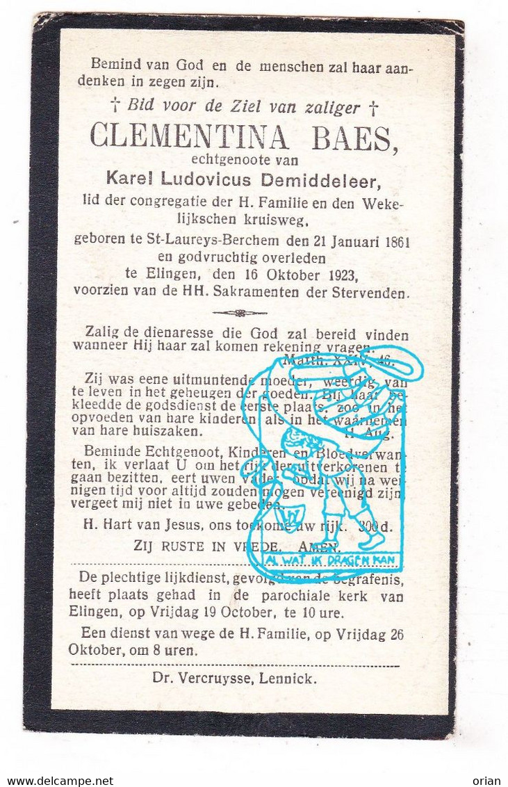 DP Clementina Baes ° Sint-Laureins-Berchem Sint-Pieters-Leeuw 1861 † Elingen Pepingen 1923 X Karel Demiddeleer - Images Religieuses