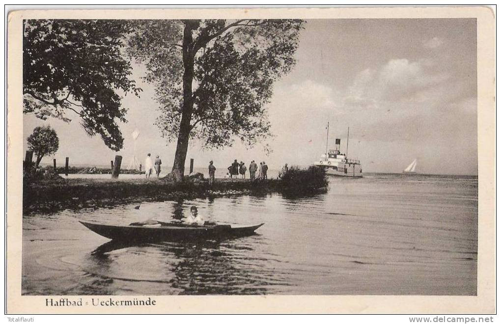 Haffbad Ueckermünde Vorn Faltboot Klepper? Einlaufender Dampfer Belebt Ungelaufen - Ueckermuende