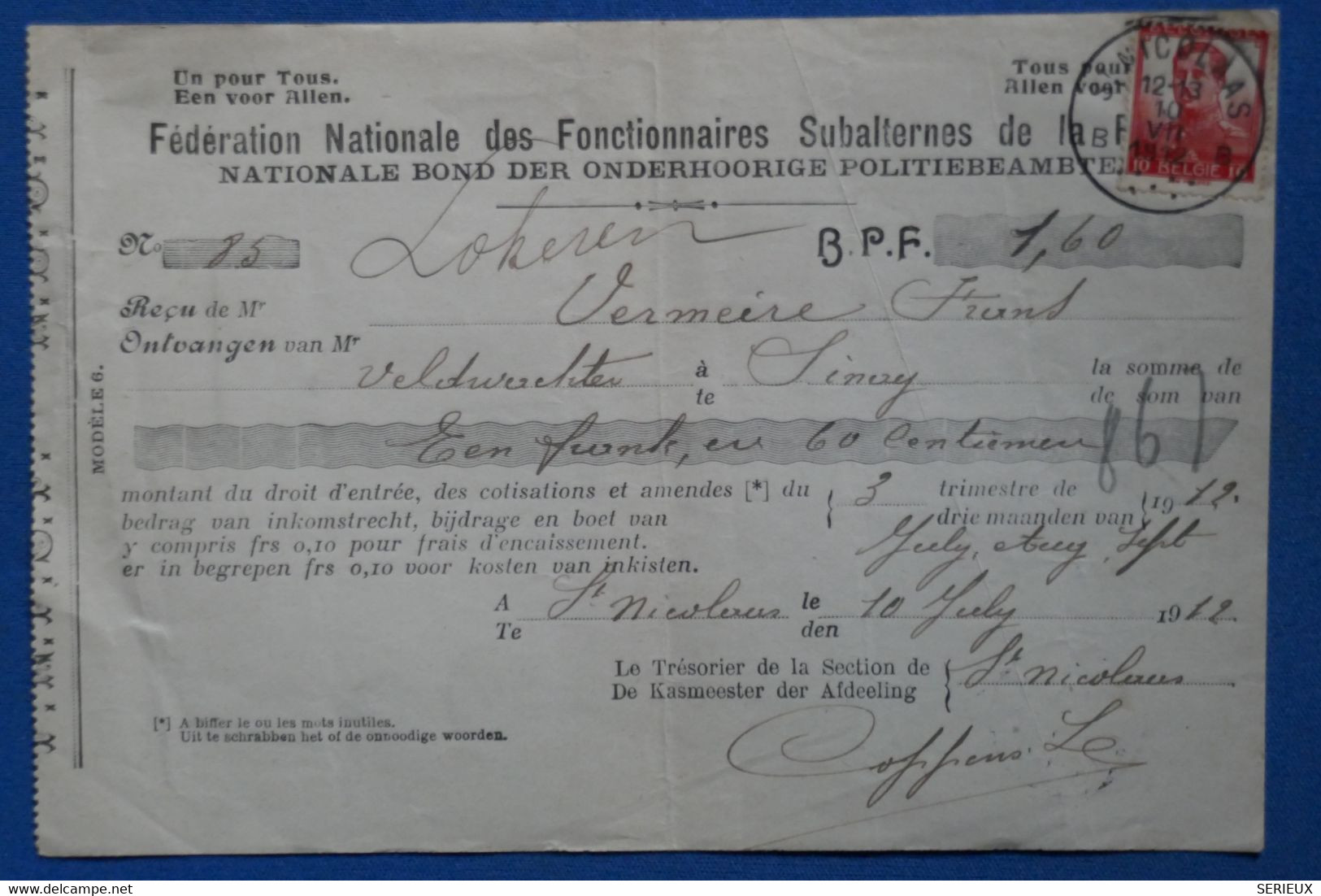 AB17 BELGIQUE  FEDERATION FONCTIONAIRES LETTRE   1912    + AFFRANCHISSEMENT PLAISANT - Covers & Documents