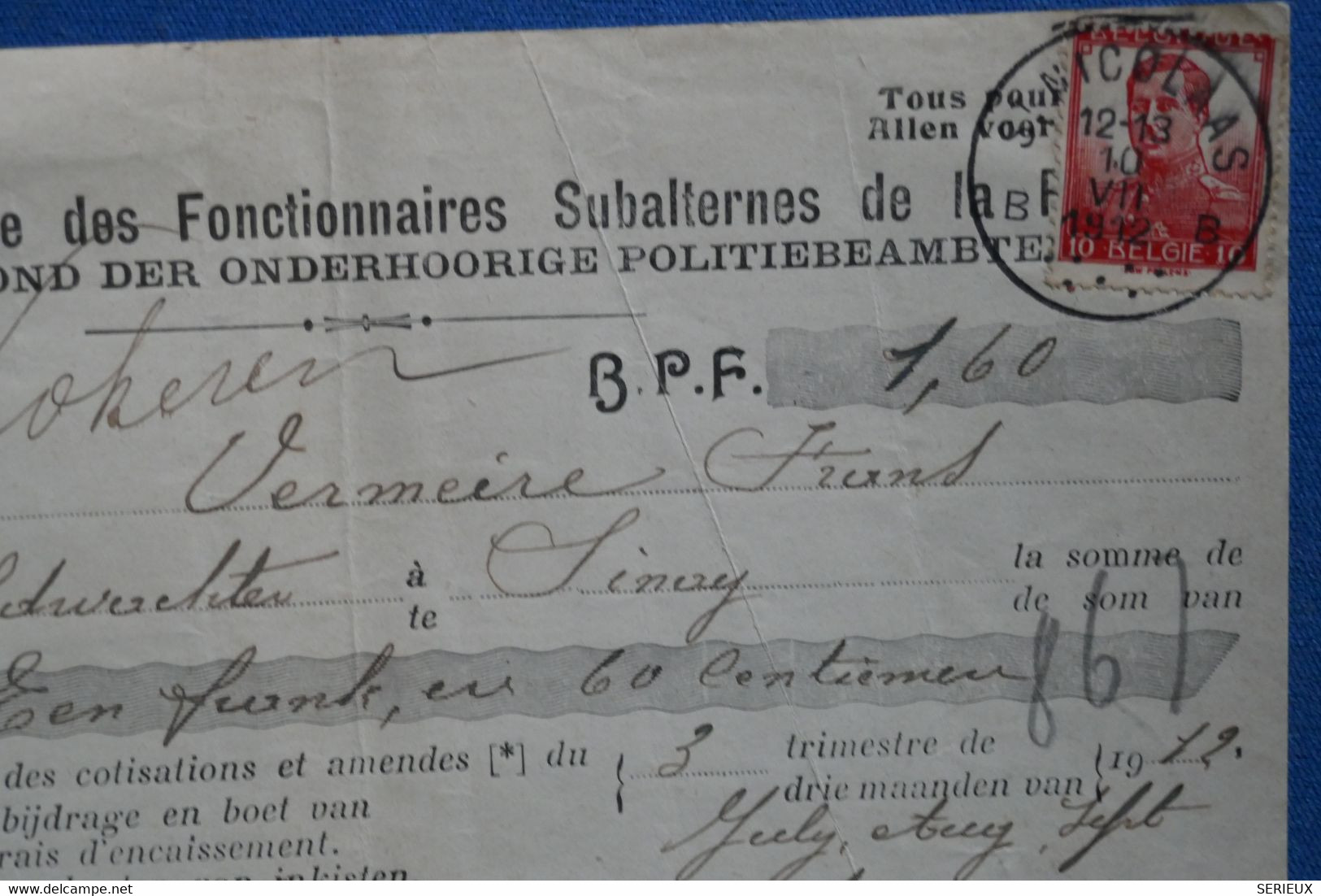 AB17 BELGIQUE  FEDERATION FONCTIONAIRES LETTRE   1912    + AFFRANCHISSEMENT PLAISANT - Cartas & Documentos