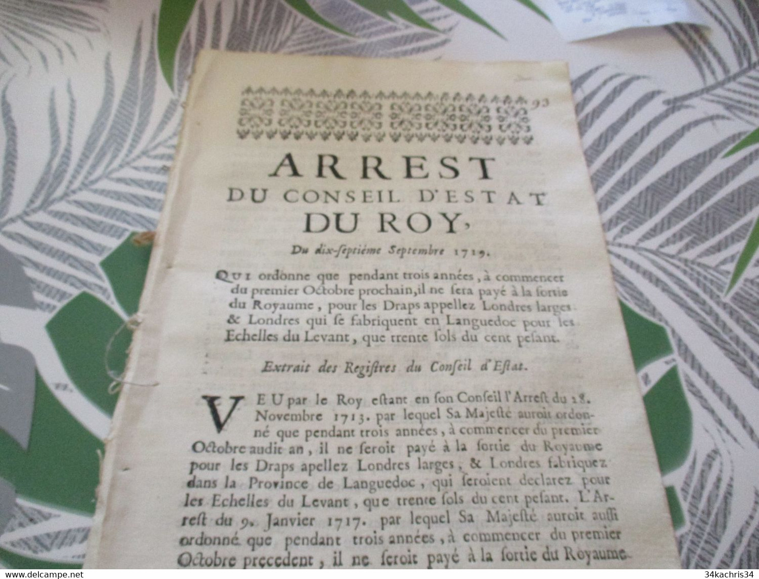 Arrest Du Conseil D''Etat Du Roi 17/09/1719 Draps De Londres Echelles Du Levant Languedoc Paiement Taxe - Decrees & Laws