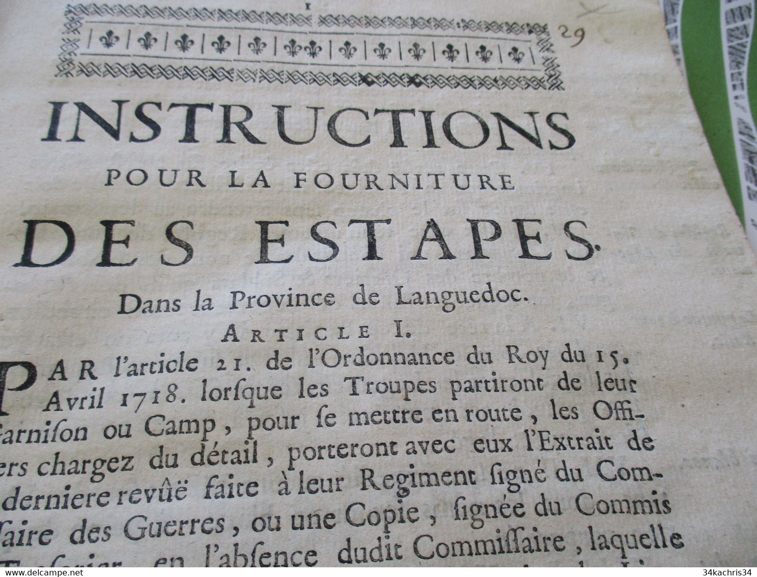 Instruction Pour La Fourniture Des Estapes Militaires Dans La Province Du Languedoc Montpellier 5/3/1719 - Décrets & Lois