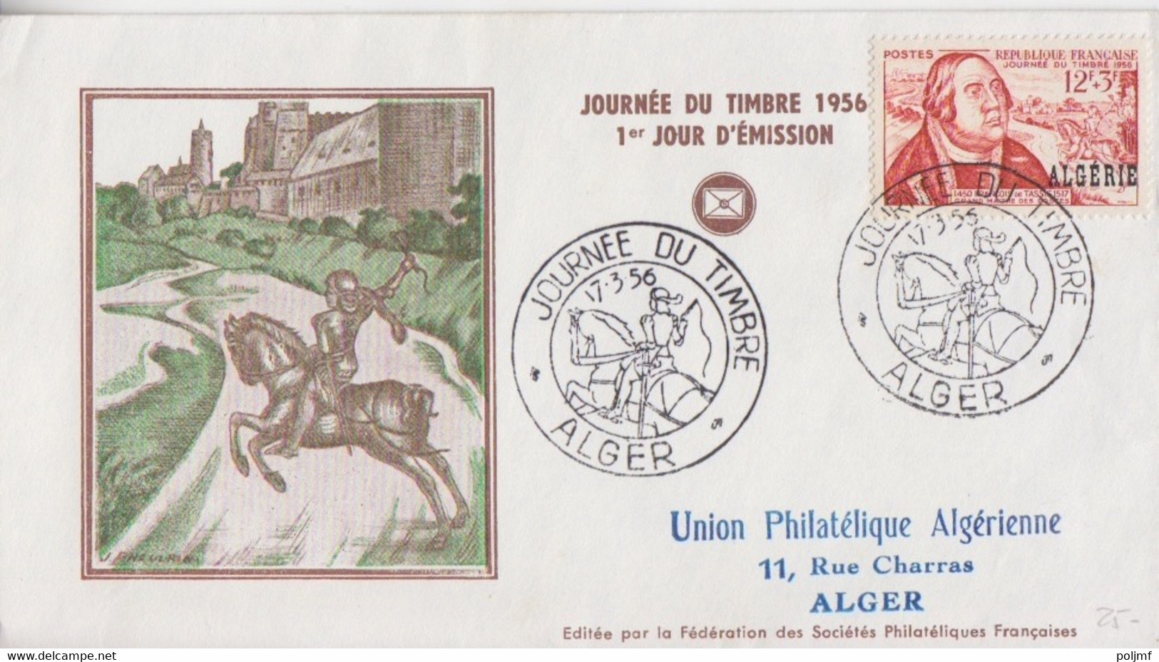 FDC + Lettre Journée Du Timbre 56 Obl. Alger Le 17.3.56 Sur N° 333 (François De Tassis) - FDC