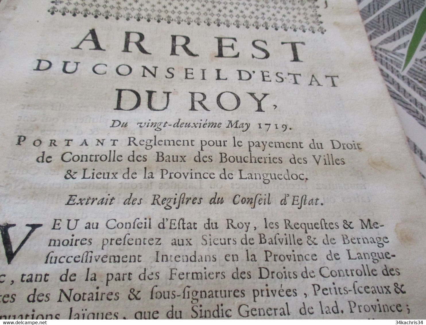 Arrest Conseil D'état Du Roi 22/05/1719 Règlement Contrôle Des Baux De Boucherie Provinces Languedoc - Gesetze & Erlasse