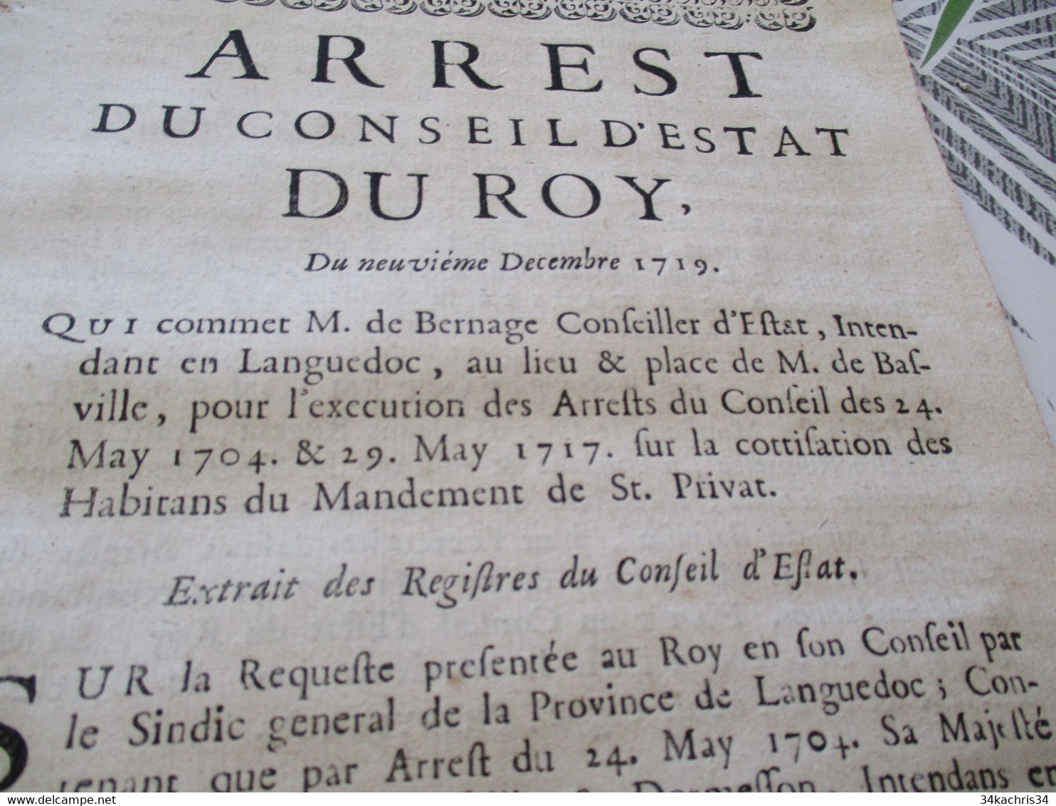 Arrest Conseil D'état Du Roi 09/12/1719 Cotisation Des Habitants De Saint Privat Ardèche - Wetten & Decreten