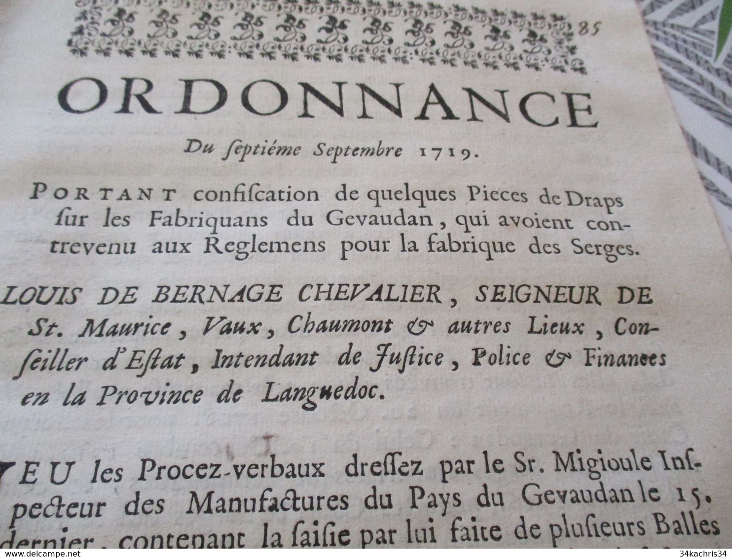 Arrest Conseil D'état Du Roi 07/09/1719 Confiscation Pièces De Draps Sur Les Fabricants Du Gévaudan Lozère - Decrees & Laws