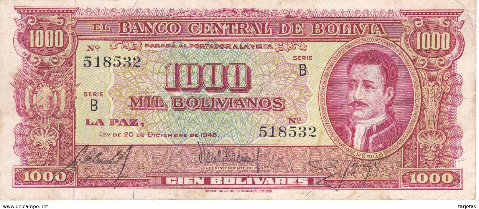 BILLETE DE BOLIVIA DE 1000 BOLIVIANOS DEL AÑO 1945 SERIE B CALIDAD MBC (VF) (BANKNOTE) - Bolivia