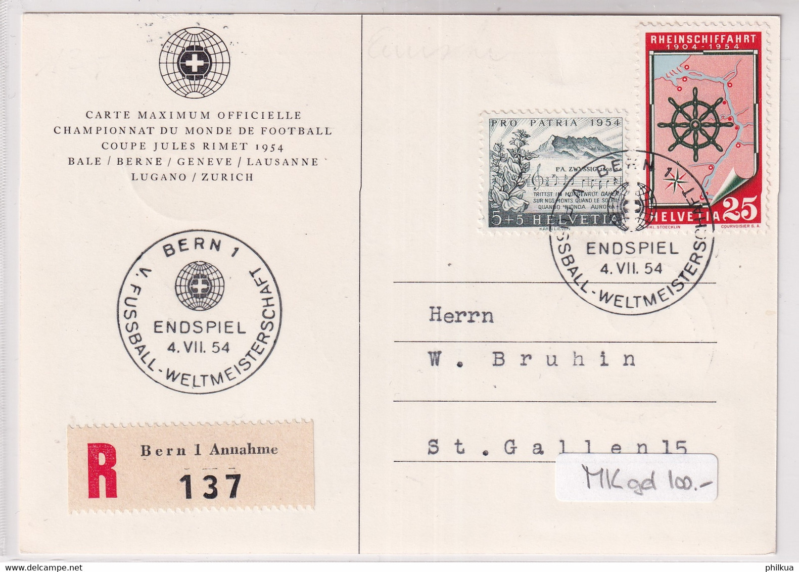 MiNr. 595 (Rückseite) 596  Schweiz Maximumkarte Mit Stempel Eröffnungsspiel Und Rückseite Mit Stempel Endspiel GELAUFEN! - 1954 – Svizzera