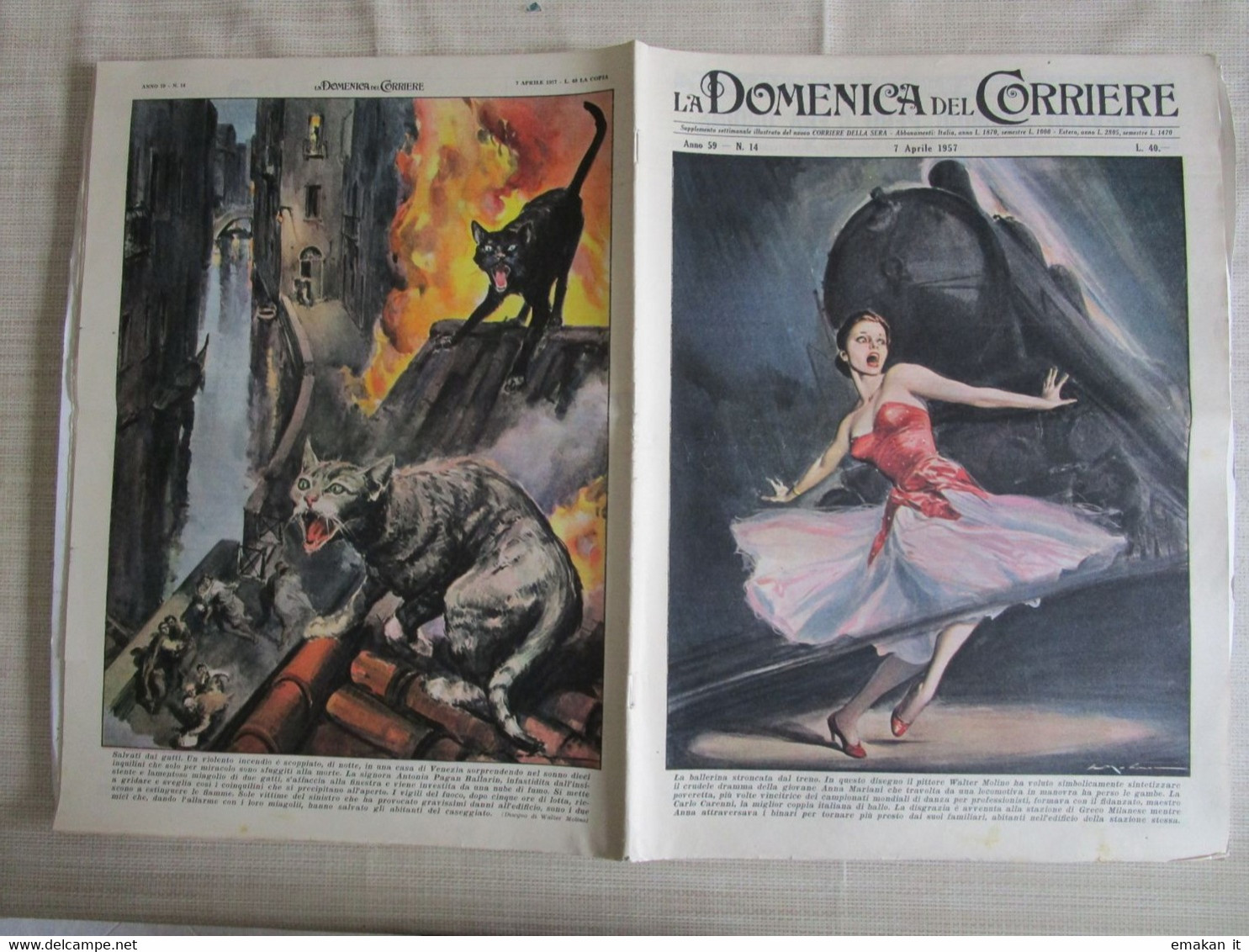 # DOMENICA DEL CORRIERE N 14 -1957 TRAGEDIA DI BALLERINA A GRECO MILANO / INCENDIO A VENEZIA - Eerste Uitgaves