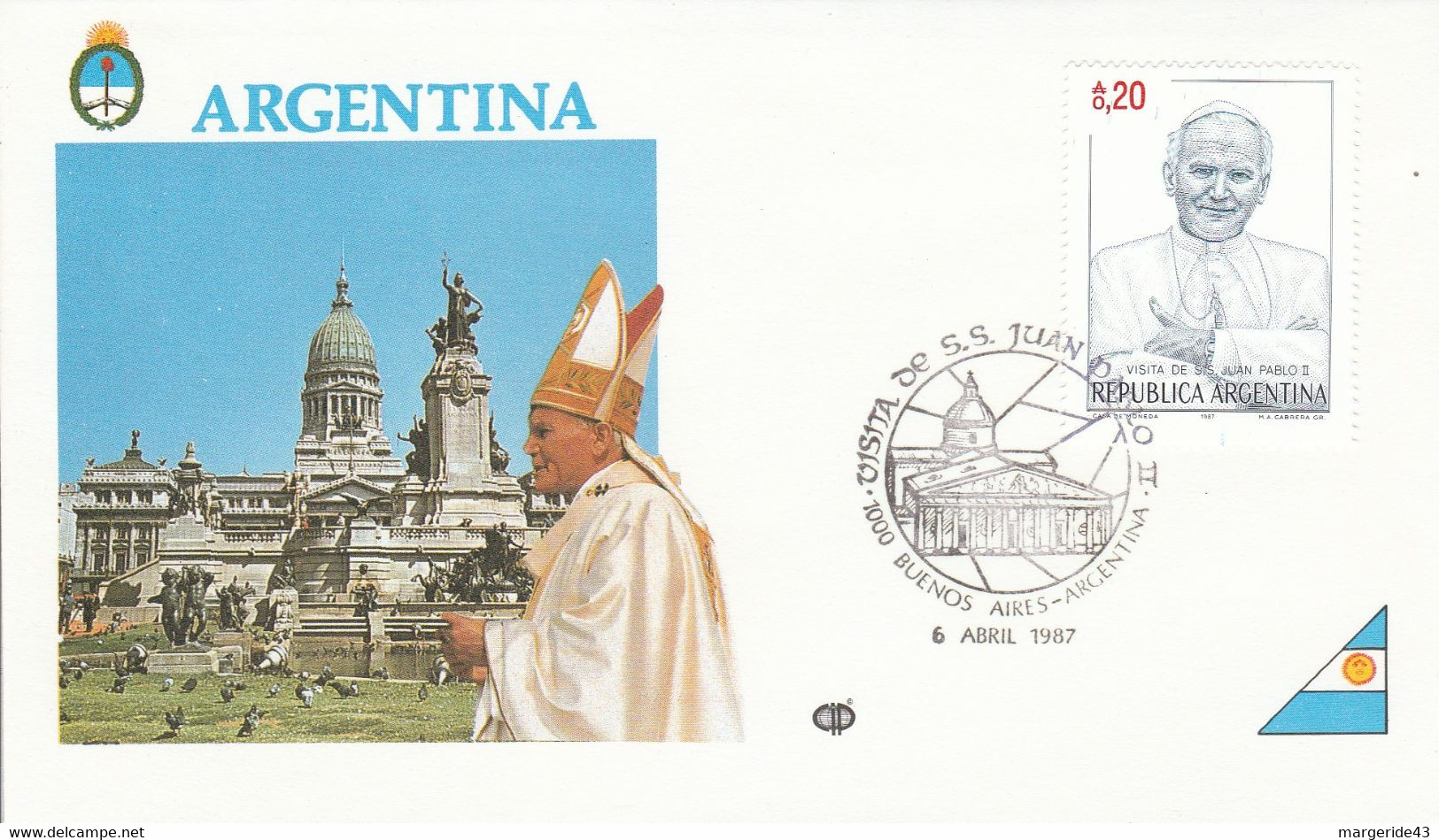 ARGENTINE FDC 1987 VISITE PAPE JEAN PAUL A BUENOS AIRES - Storia Postale