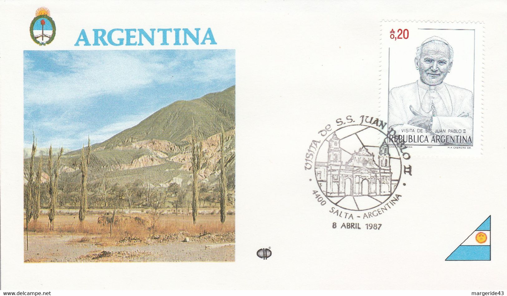 ARGENTINE FDC 1987 VISITE PAPE JEAN PAUL A SALTA - Storia Postale