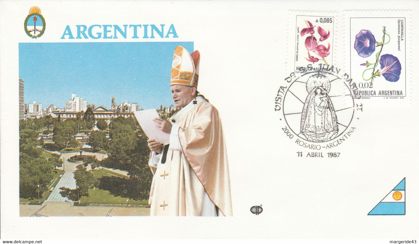 ARGENTINE FDC 1987 VISITE PAPE JEAN PAUL A ROSARIO - Brieven En Documenten